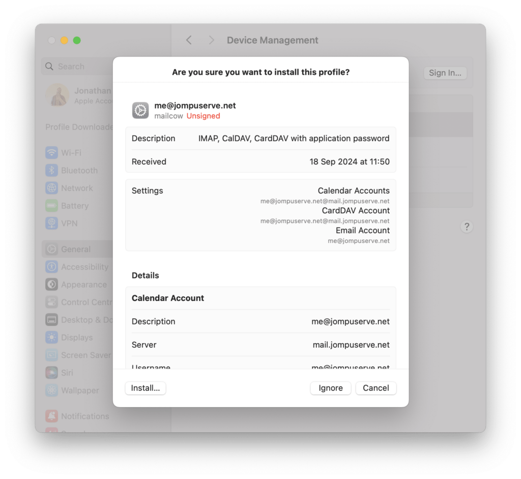 Prompt asking "Are you sure you want to install this profile?" showing the configuration settings the profile will change (lists the connection settings for Contacts, Calendar, Mail)