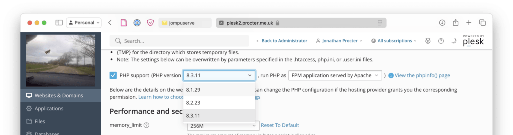 Plesk dropdown menu showing available PHP versions