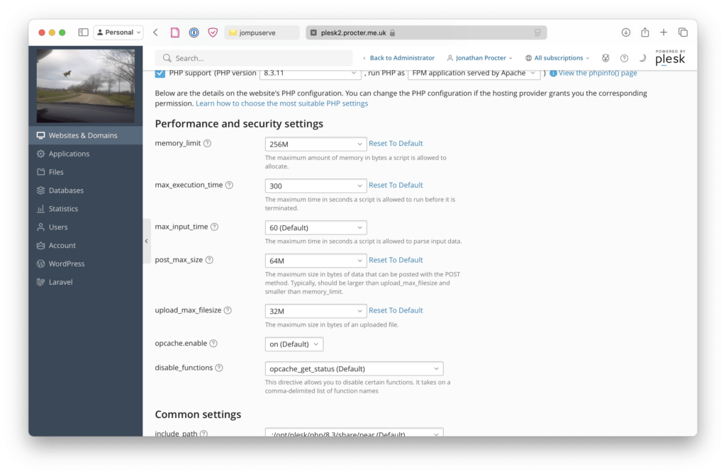 Plesk PHP settings showing the Performance and security settings section.