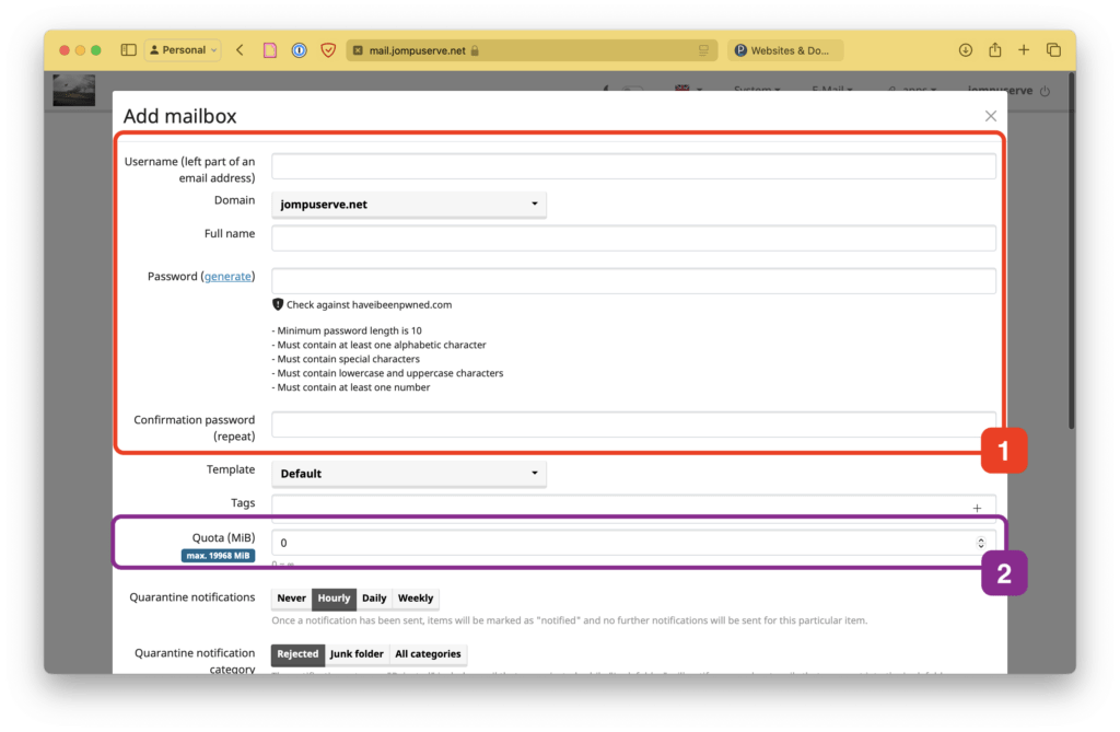 mailcow UI showing the add mailbox page with boxes around the username and password field, and the quota box.