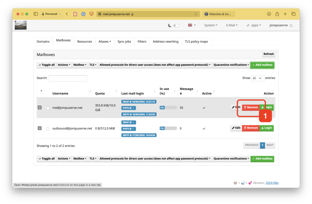 mailcow UI with a red box around the Remove button next to the mailbox being deleted